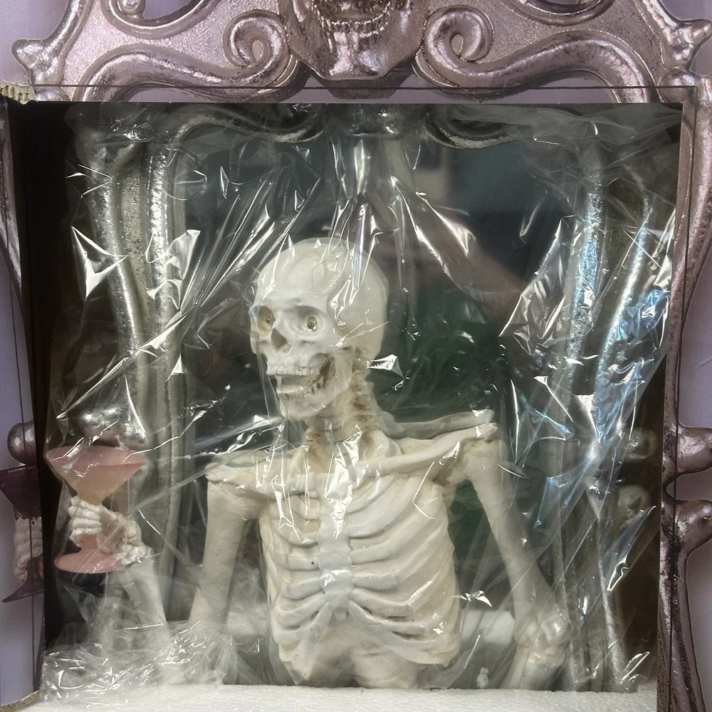 Martha Stewart Halloween Decor Skeleton Holding Pink‎ Martini Glass LED Mirror